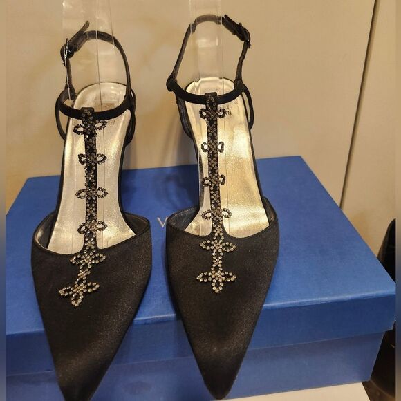 Stuart Weitzman Black Satin Crystal Rhinestone Jeweled T-strap Pumps Sz.8 $425 - Picture 11 of 14